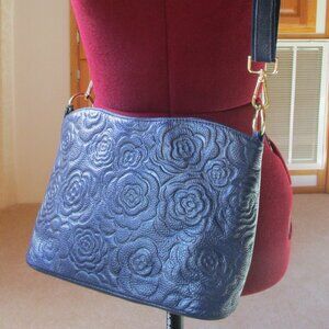 Navy Leather Bag Embossed w/ Camellia Pattern